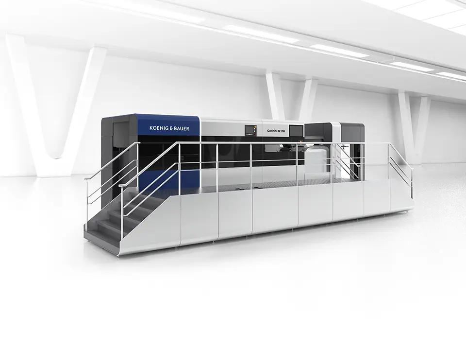 CutPRO Q 106 SB – Flatbed Die-Cutter – Koenig & Bauer Sheetfed Perspective shot of the CutPRO Q 106 SB flatbed die-cutter from Koenig & Bauer Sheetfed