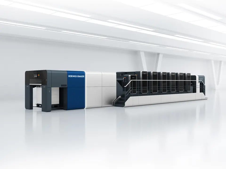 Rapida 106 X – Medium Format Offset Printing Press – Koenig & Bauer Sheetfed Perspective shot of the Rapida 106 X medium-format offset printing press from Koenig & Bauer Sheetfed