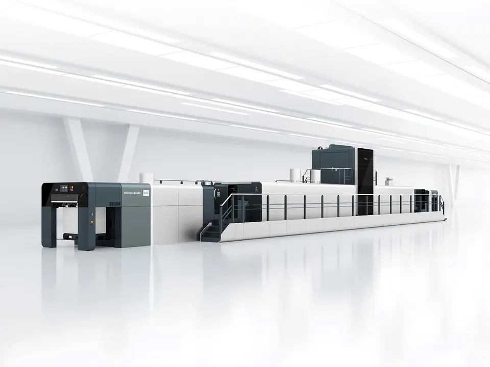 VariJET 106 – Digital Sheetfed Printing Machine – Koenig & Bauer Durst Perspective shot of the VariJET 106 digital sheetfed printing machine from Koenig & Bauer Durst